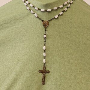 White oval  shaped-faceted white catholic rosary